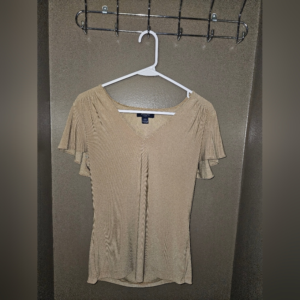 Chaps Beige V-Neck Flutter Sleeve Blouse - Women’s Small - Textured Dressy Top